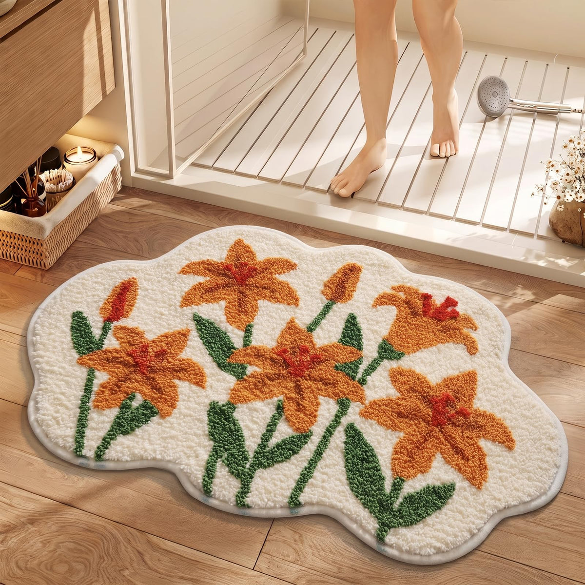 Cloud-Shaped Lily Bath Mat, Soft Non-Slip Fluffy Fresh Flowers Bathroom Rug, Ultra Absorbent Microfiber Shaggy Door Mat, Machine Washable Bath Rug Carpet for Bathtub Bedroom 20x31 Inch (White)