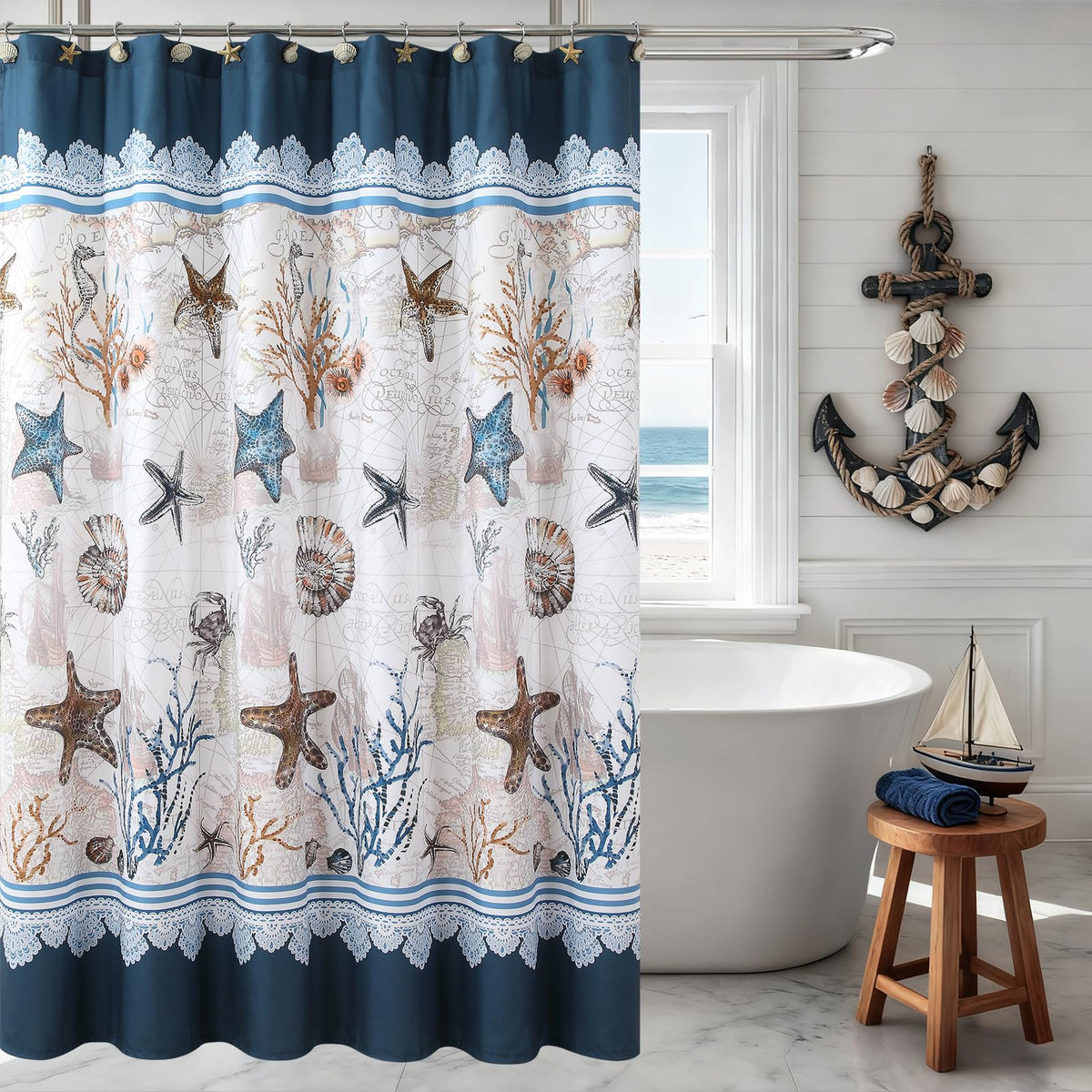 Coastal Seashell Fabric Shower Curtain, Under The Sea Beach Ocean Theme Shower Curtain with Starfish & Coral, Waterproof Blue Nautical Decorative Bathroom Curtains, 72" W x 72" H