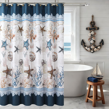 Coastal Seashell Fabric Shower Curtain, Under The Sea Beach Ocean Theme Shower Curtain with Starfish & Coral, Waterproof Blue Nautical Decorative Bathroom Curtains, 72" W x 72" H
