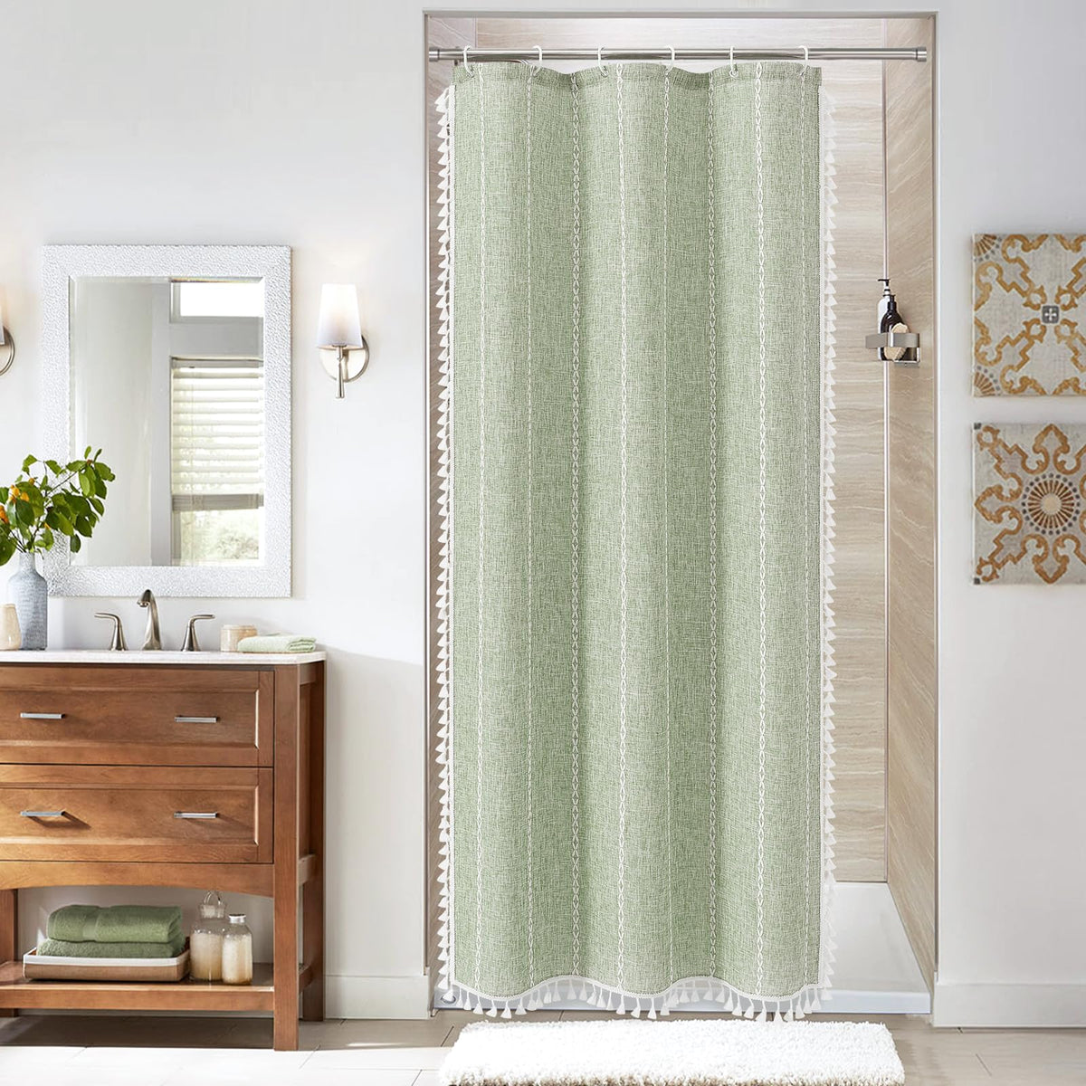 Boho Farmhouse Tassel Linen Shower Curtain,3D Embroidery Stripe Black,72x72