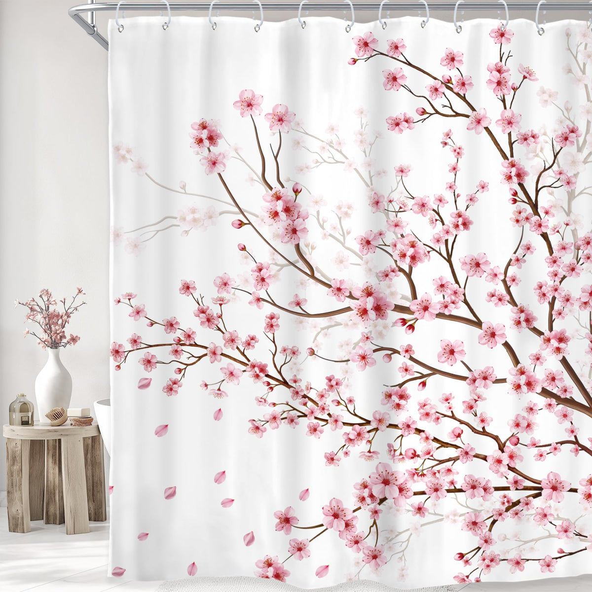 Pink Cherry Blossom Plum Asian Shower Curtain Japanese 60Wx72H Inch Decor