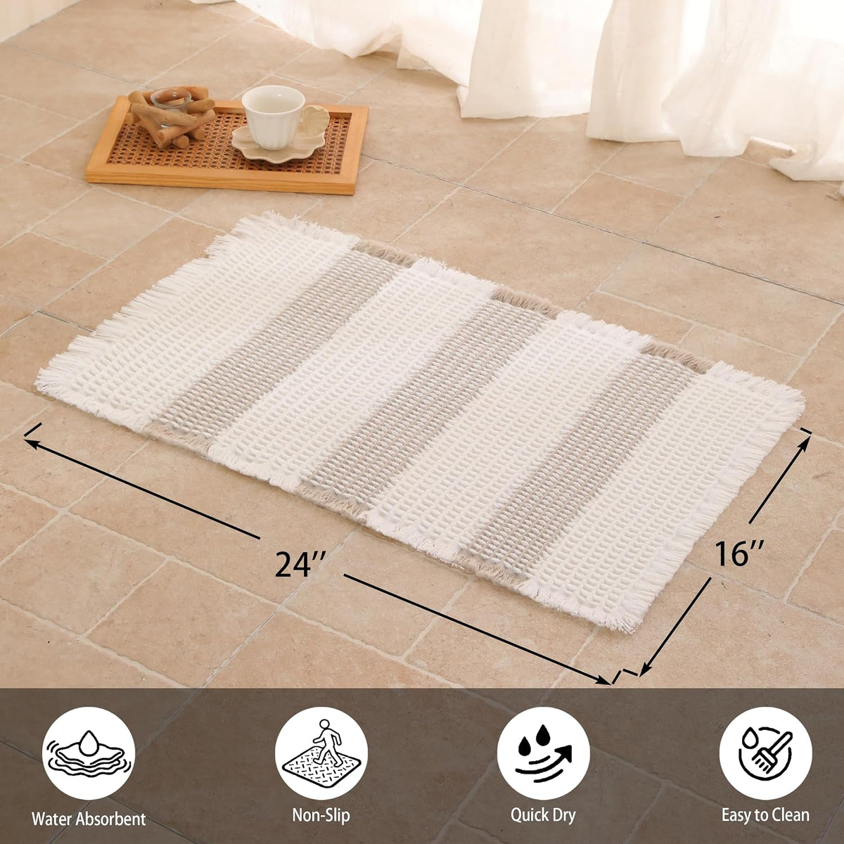 Waffle Bath Mat Non Slip, Boho Bathroom Rug, White/Taupe, 16"x24"