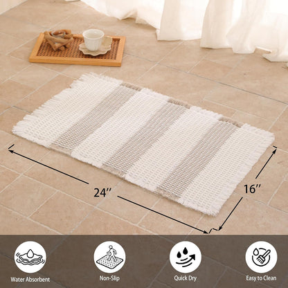 Waffle Bath Mat Non Slip, Boho Bathroom Rug, White/Taupe, 16"x24"