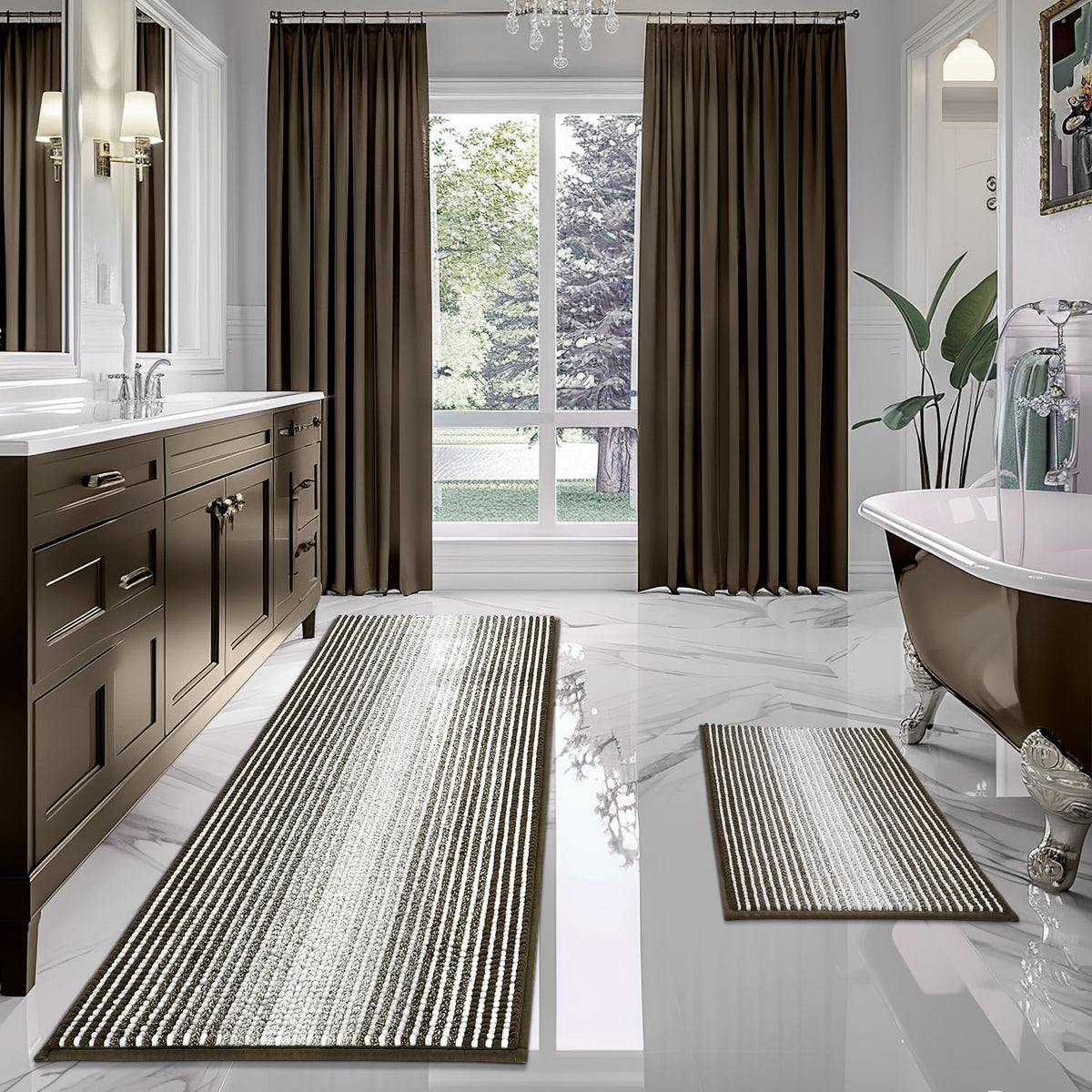 BSICPRO Bathroom Rugs Sets 2 Piece, Non Slip Striped Bath Mats, Fog Blue