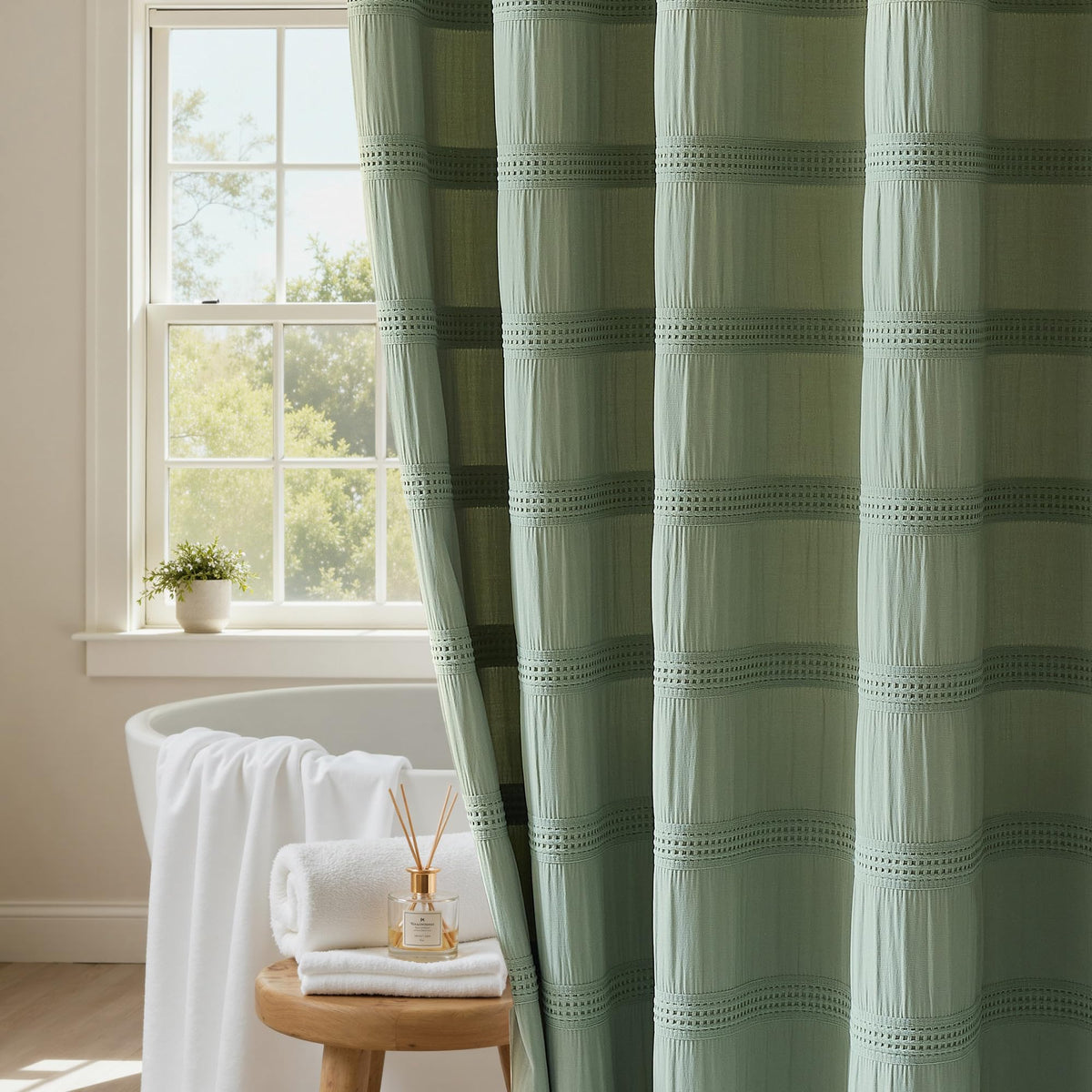 White Shower Curtain Fabric, White Textured Shower Curtain Boho Cotton Blend Striped Waffle Shower Curtains for Bathroom 72 x 72