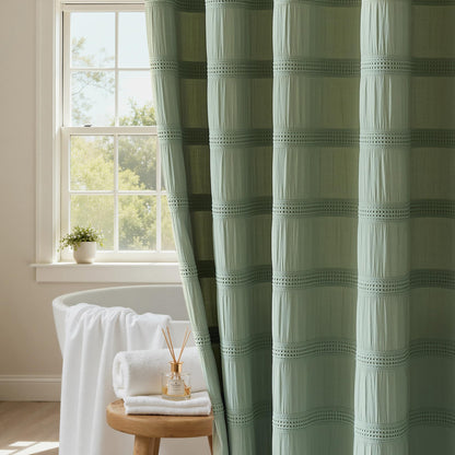 White Shower Curtain Fabric, White Textured Shower Curtain Boho Cotton Blend Striped Waffle Shower Curtains for Bathroom 72 x 72