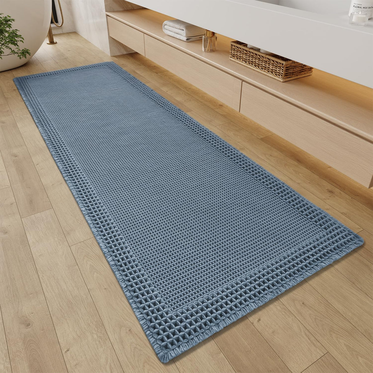 RESARE Waffle Bathroom Runner Rugs, Non Slip Boho Bath Mat 24"x72" Brown
