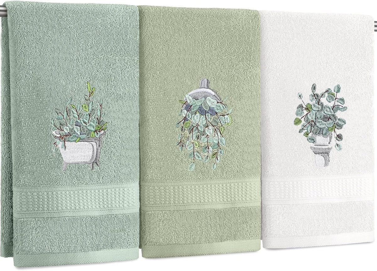 FuWeave 3 Pcs Eucalyptus Leaves Hand Towels for Bathroom Kitchen Decor