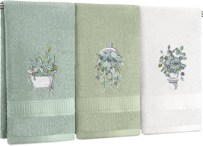 FuWeave 3 Pcs Eucalyptus Leaves Hand Towels for Bathroom Kitchen Decor
