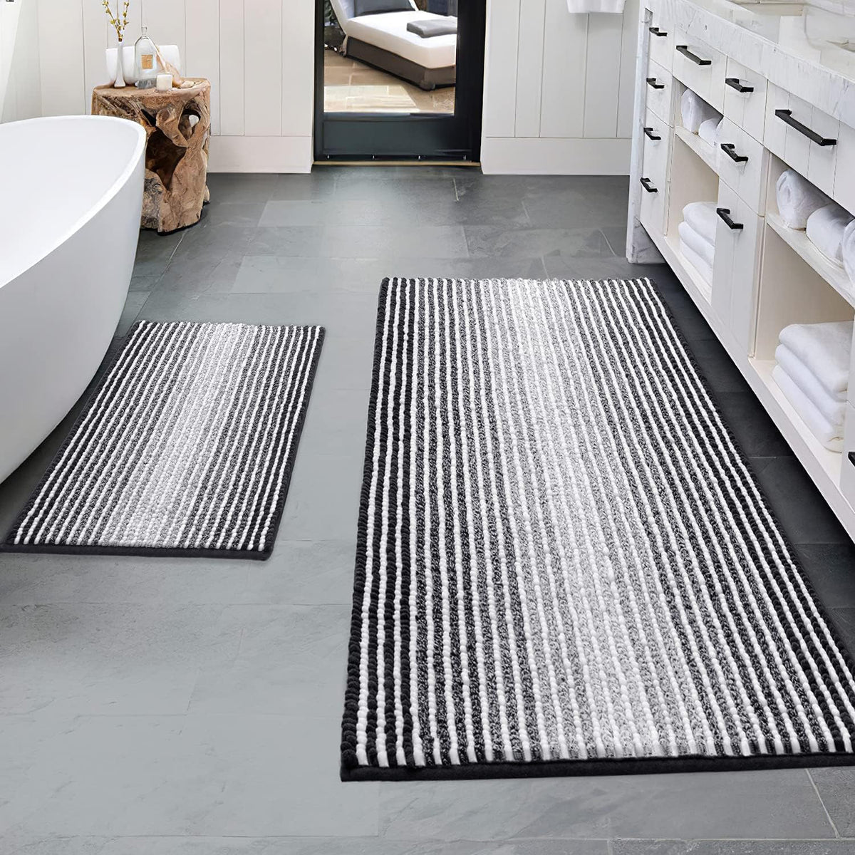 BSICPRO Bathroom Rugs Sets 2 Piece, Non Slip Striped Bath Mats, Fog Blue