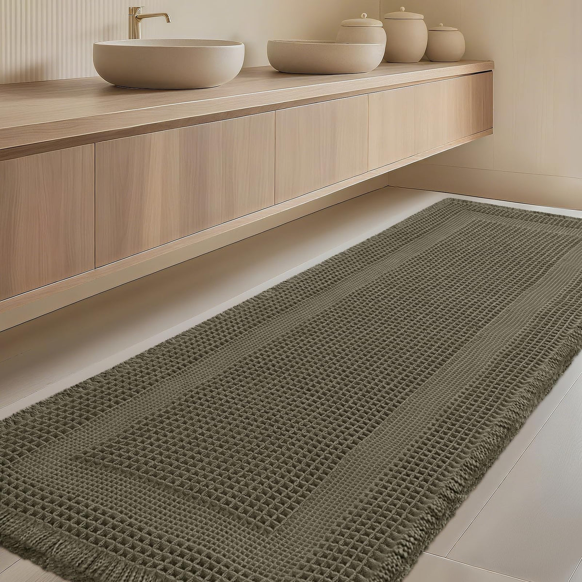 Upgrade Waffle Bath Mat Set 2 Piece, Boho Bathroom Rugs Absorbent Non Slip, Ultra Soft Bathroom Mat, Machine Washable Knit Bath Rugs with Herringbones for Bathroom, Bedroom, Kitchen, Shower, White