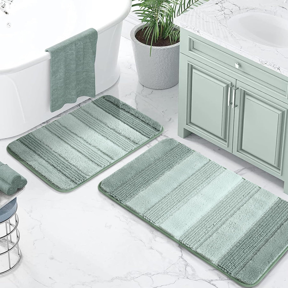 3 Pcs Ombre Bath Mat Set for Bathroom, Non Slip Ultra Soft and Thick Water Absorbent Bath Carpet, Machine Washable & Quick Dry Bathroom Rug, for Bedroom Door Living Room,Green