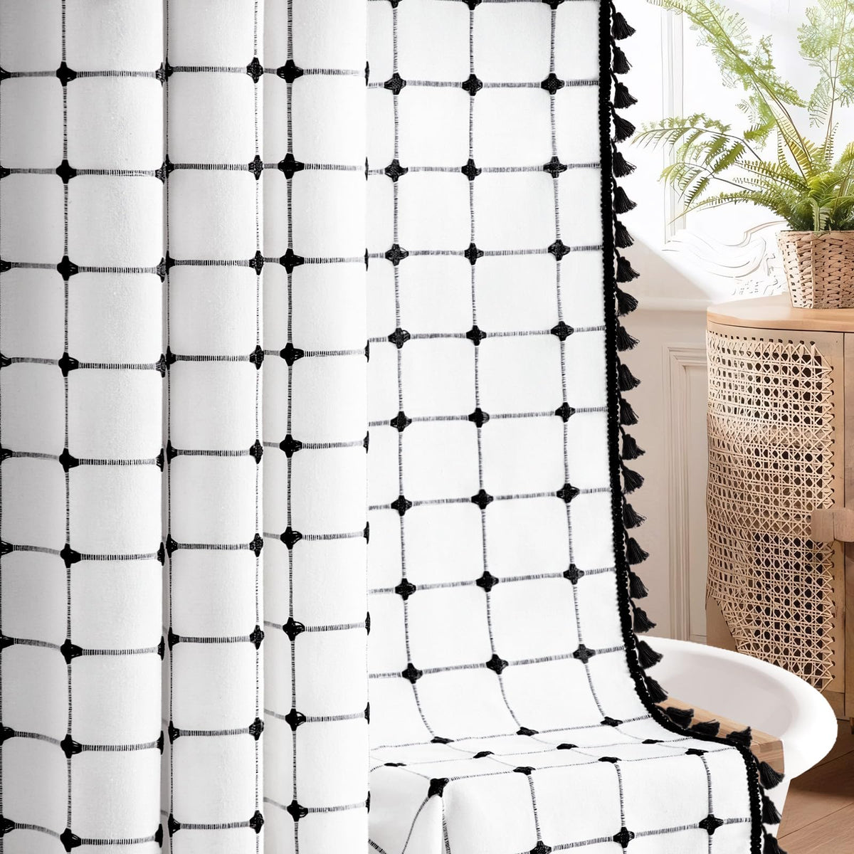 Black and White Boho Shower Curtain, 72" W X 72" L