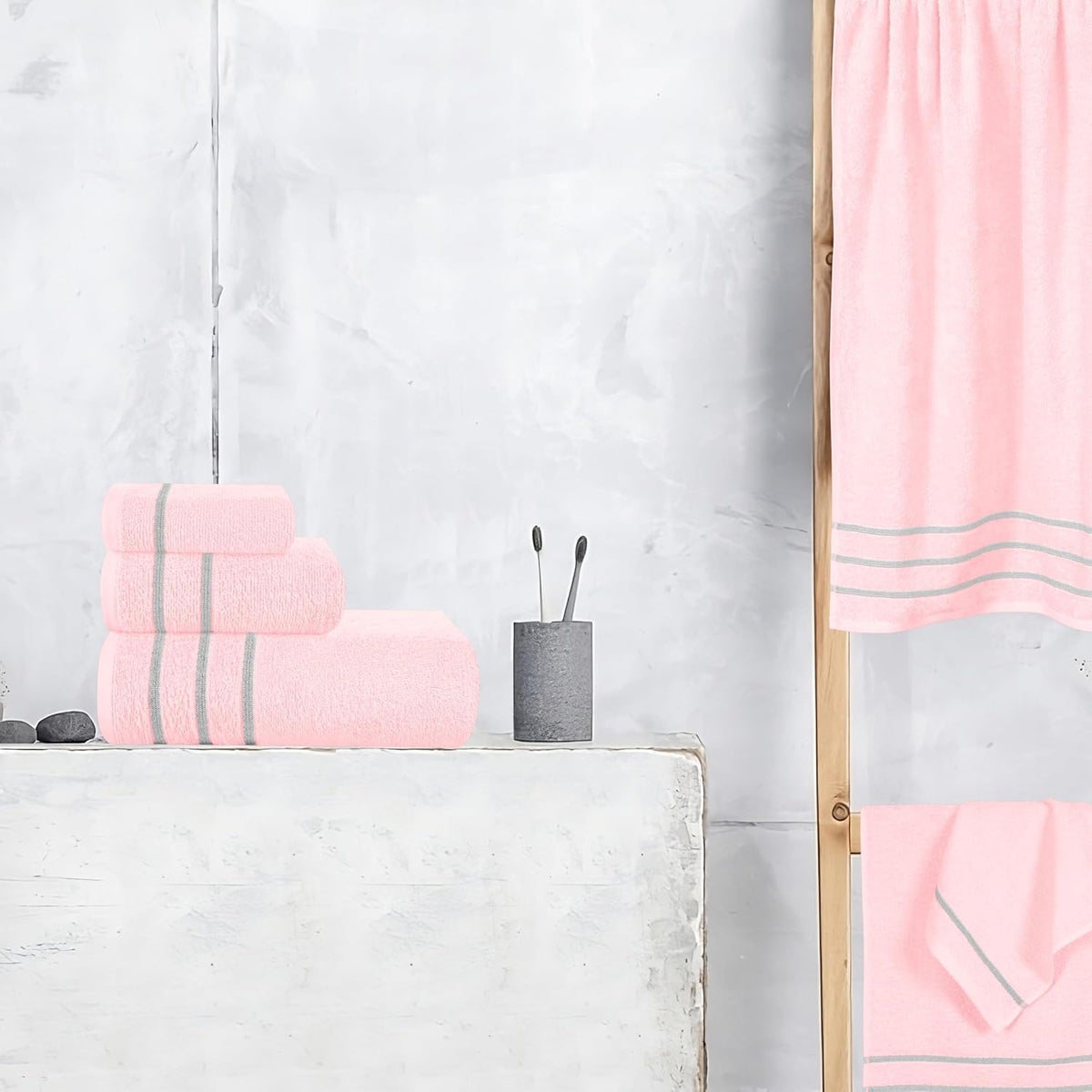 MyOwn Ultra Soft 6 Pack Cotton Towel Set, Contains 2 Bath Towels 28x55 inch, 2 Hand Towels 16x24 inch & 2 Wash Coths 12x12 inch, Ideal Everyday use, Compact & Lightweight - Pink, 71662