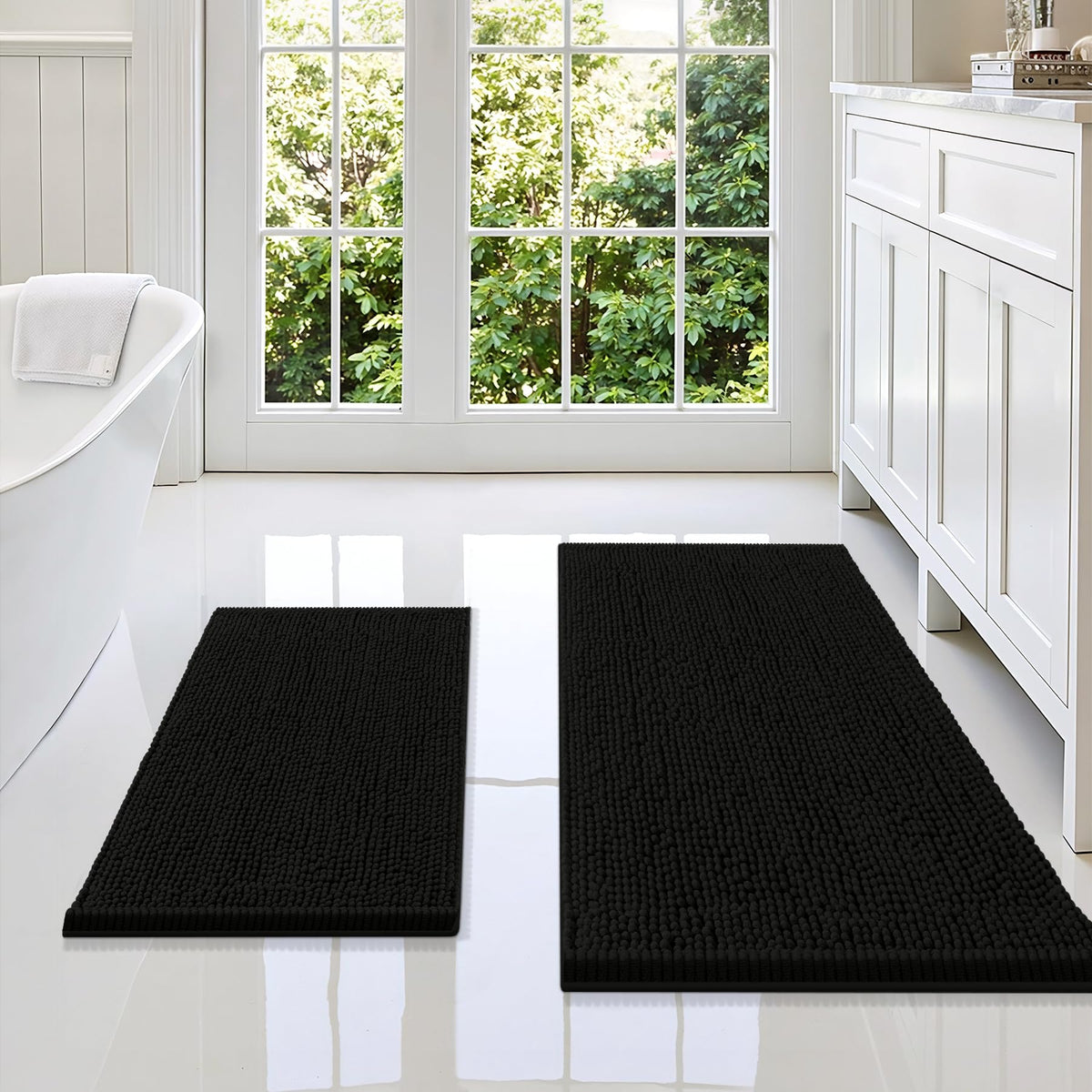 Smiry Chenille Bathroom Rugs Sets 2 Piece (30x20+24x16, Black)