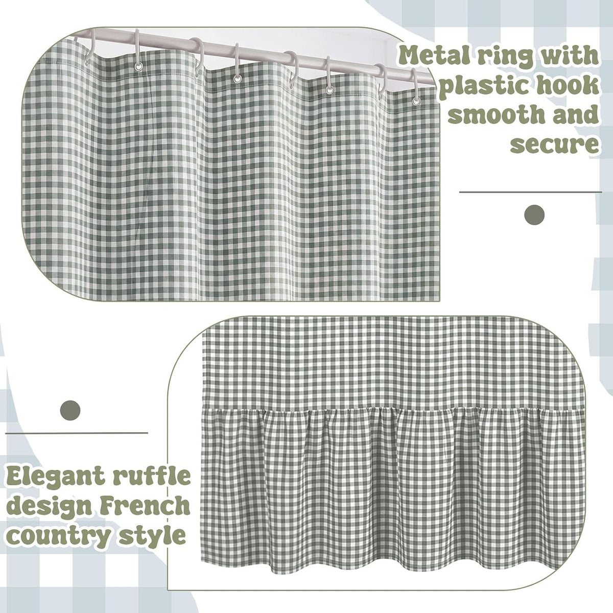 HunnmingRe Ruffle Hem Gingham Shower Curtain Sage Green