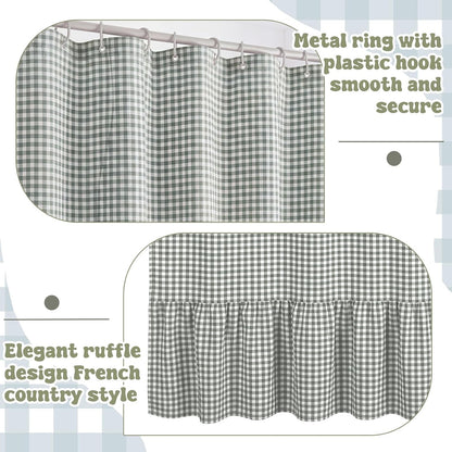 HunnmingRe Ruffle Hem Gingham Shower Curtain Sage Green