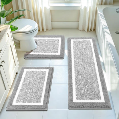 Pauwer Bathroom Rugs 3 Piece Set, Non Slip Washable Bath Mat, Dark Grey