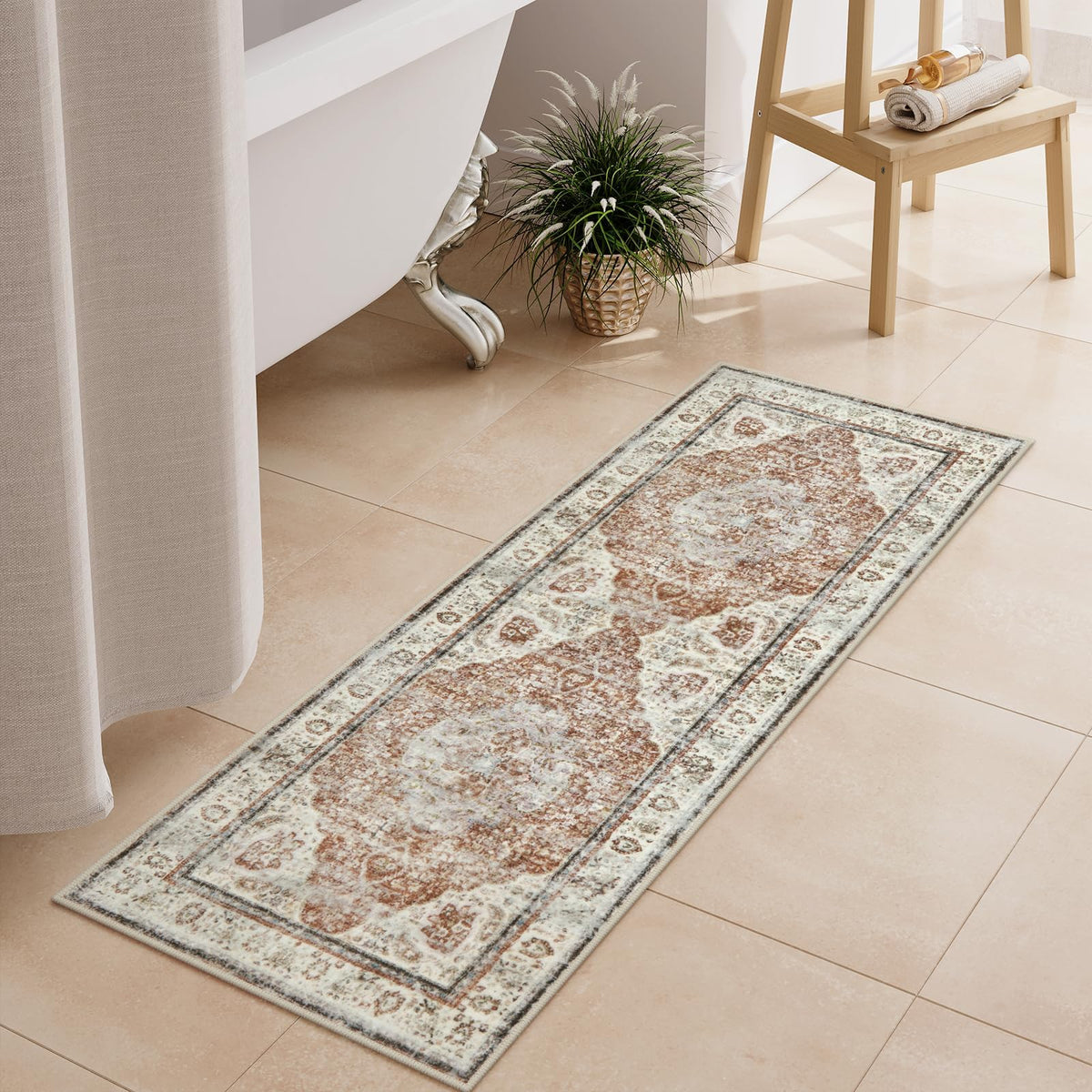 Uphome Boho Small Bath Mat, Distressed Farmhouse Light Khaki Bath Rugs, Comfy Velvet Bathroom Rugs Non Slip Washable, Vintage Oriental Toilet Rug for Sink Shower Vanity, 18x26 inch