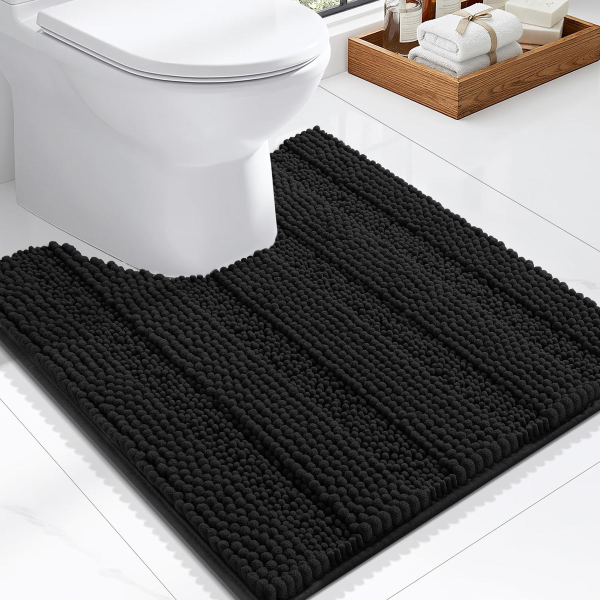Grandaily Chenille Striped Bathroom Rugs 36x24, Extra Thick and Absorbent Bath Mats, Non-Slip Soft Plush Shaggy Shower Carpet, Machine Wash Dry, Bath Rug for Bathroom, (Large, Light Grey)