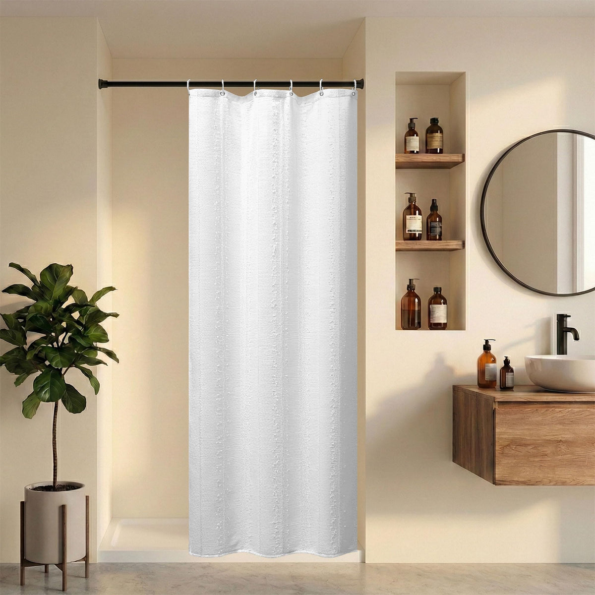 Extra Long White Shower Curtain Boho, 72 x 84 Cotton Blend Waffle Weave Stripe Textured Heavy Duty, Fabric Shower Curtain for Bathroom, Hotel, Washable