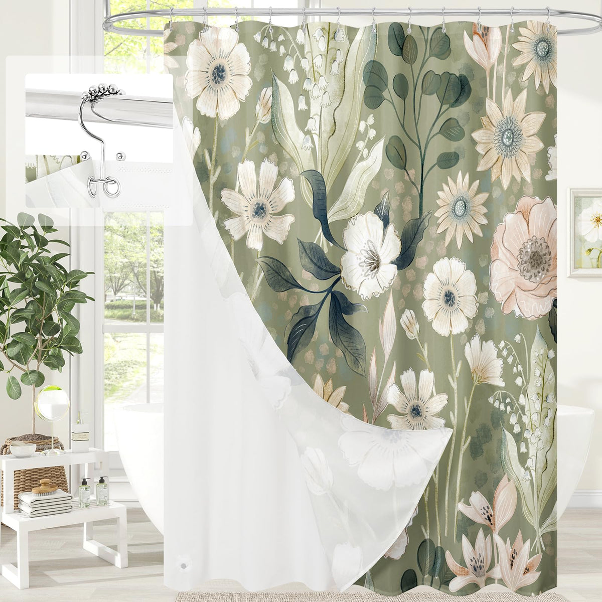 Boho Floral Shower Curtain, Vintage Botanical Fabric Curtain, 72 x 72