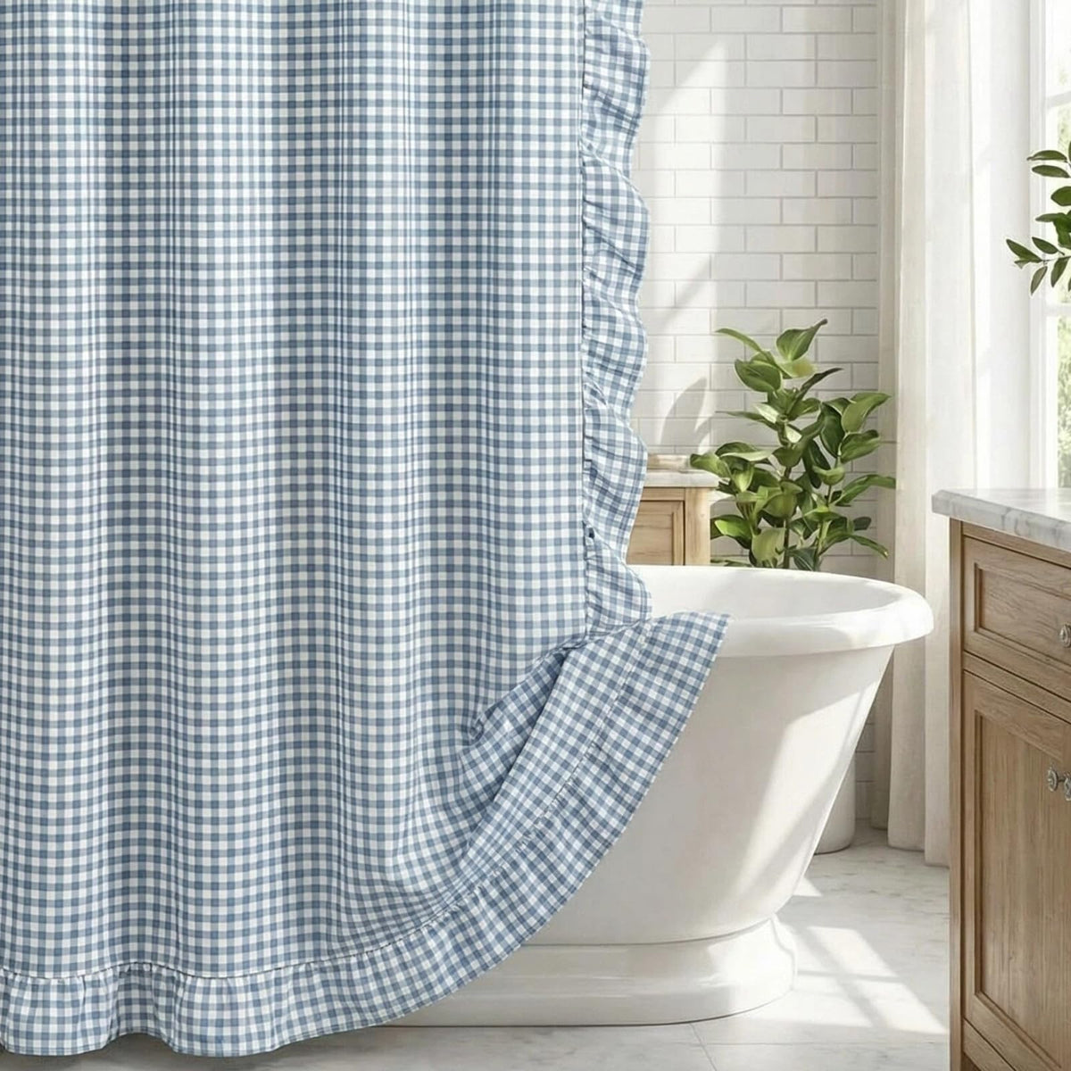 HunnmingRe Ruffle Hem Gingham Shower Curtain Sage Green