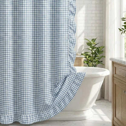 HunnmingRe Ruffle Hem Gingham Shower Curtain Sage Green