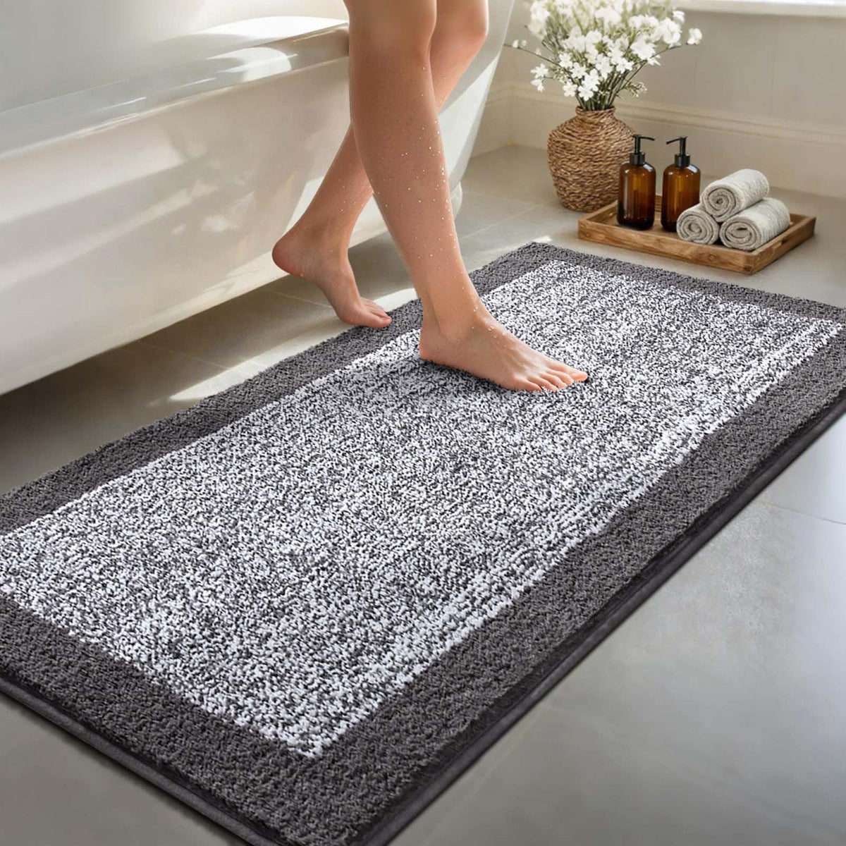 Long 2x4 Ft (48''x24'') Bathroom Rugs, Non Slip Washable Bath Mat Grey