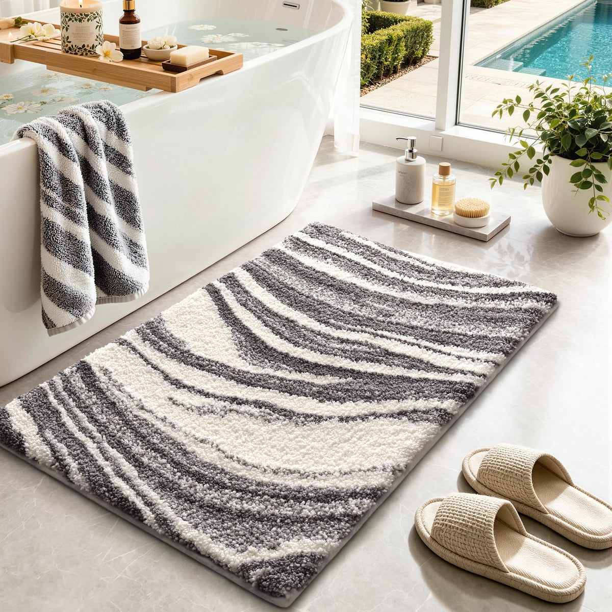 Color&Geometry Marble Bath Mat, 24"x36",Khaki Wave Bathroom Rug