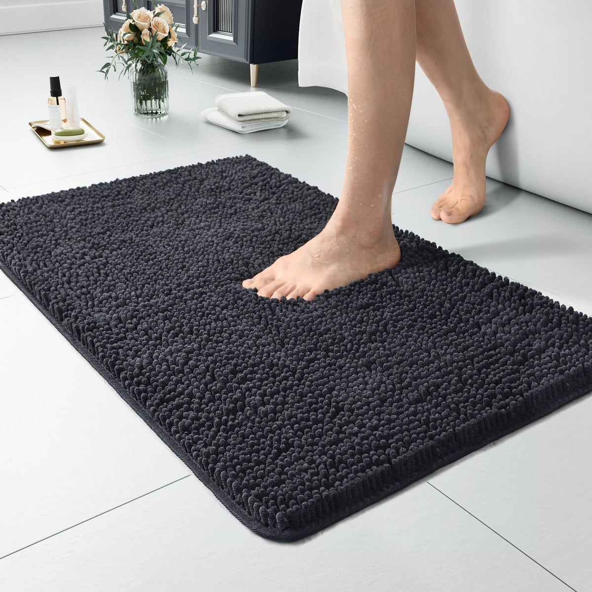 LOCHAS Luxury Bathroom Rug Shaggy Bath Mat 24 x 60 Inch, Gray