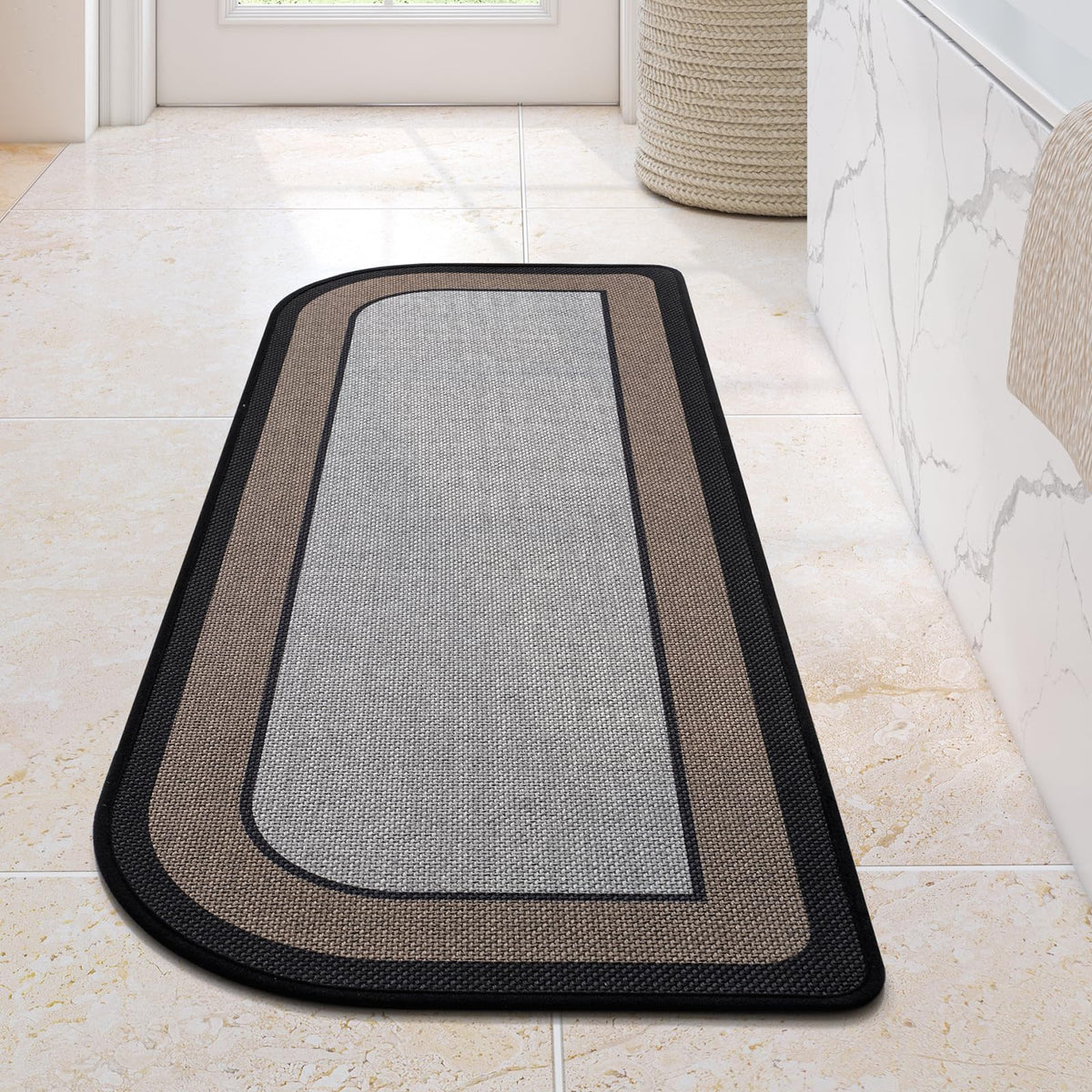 YDKGL Half Circle Bath Mat, Non Slip Thin Bathroom Rugs, Brown 16x24