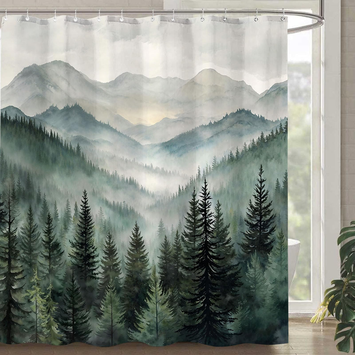 Accnicc Forest Mountain Shower Curtain Dark Green Nature Misty Pine Tree Shower Curtains for Bathroom Foggy Rustic Woodland Decorative Waterproof Fabric Bath Curtain Decor 72×72 Inches