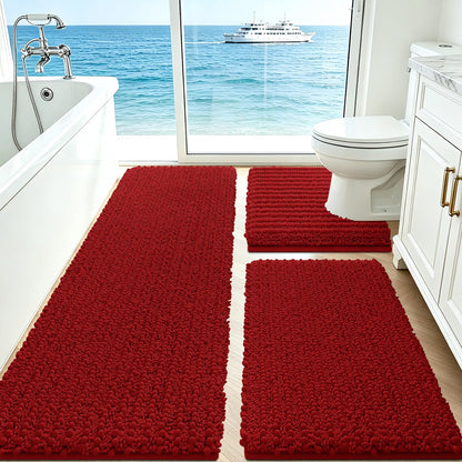 ACCUMTEK Upgrade Extra Large Black Bathroom Rug Set 3 Pieces Ultra Soft, Thick Absorbent Bath Mats, Non Slip Chenille Toilet Mat for Bathroom, Bedroom, Kitchen