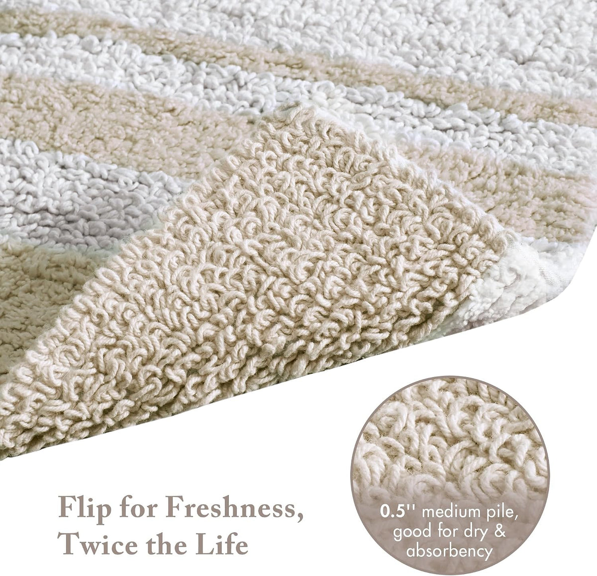 Madison Park Reversible Spa Rug 100%-Cotton Striped Ultra Soft Water Fast Bath Non-Slip Absorbent Quick Dry Mats for Tub, Shower Room, and Bathroom, 20x30, Taupe (Pack of 1)