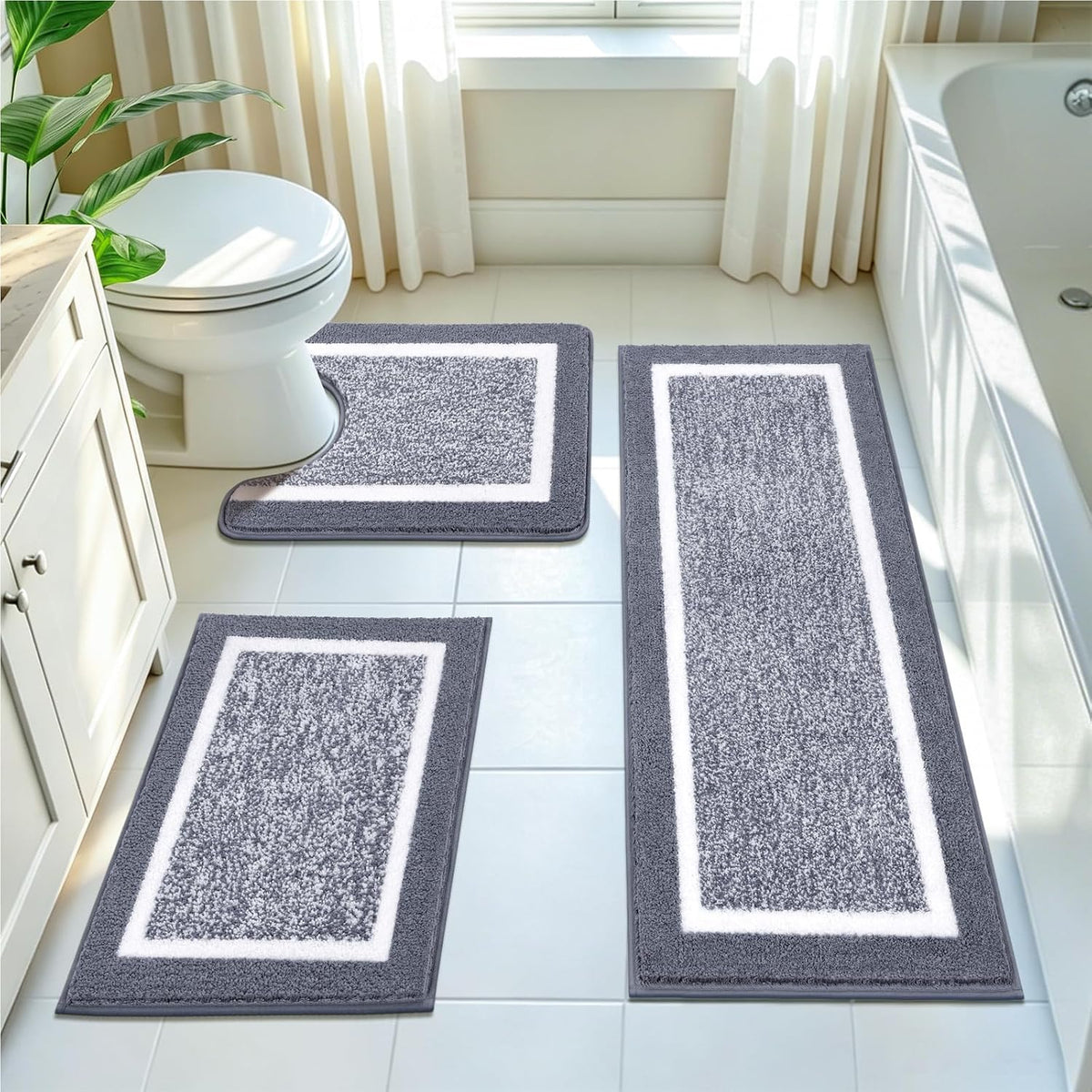 Pauwer Bathroom Rugs 3 Piece Set, Non Slip Washable Bath Mat, Dark Grey