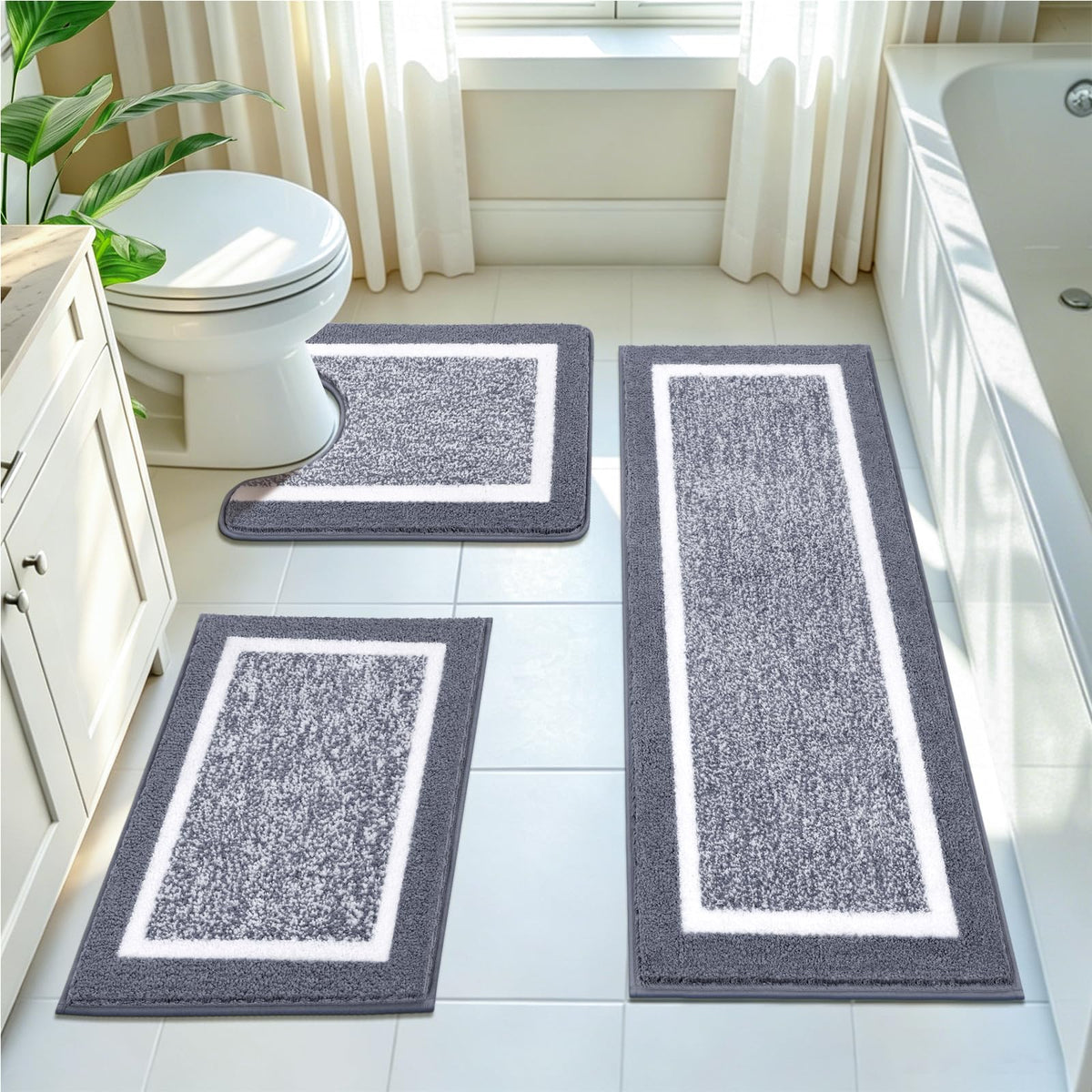Pauwer Bathroom Rugs 3 Piece Set, Non Slip Washable Bath Mat, Dark Grey