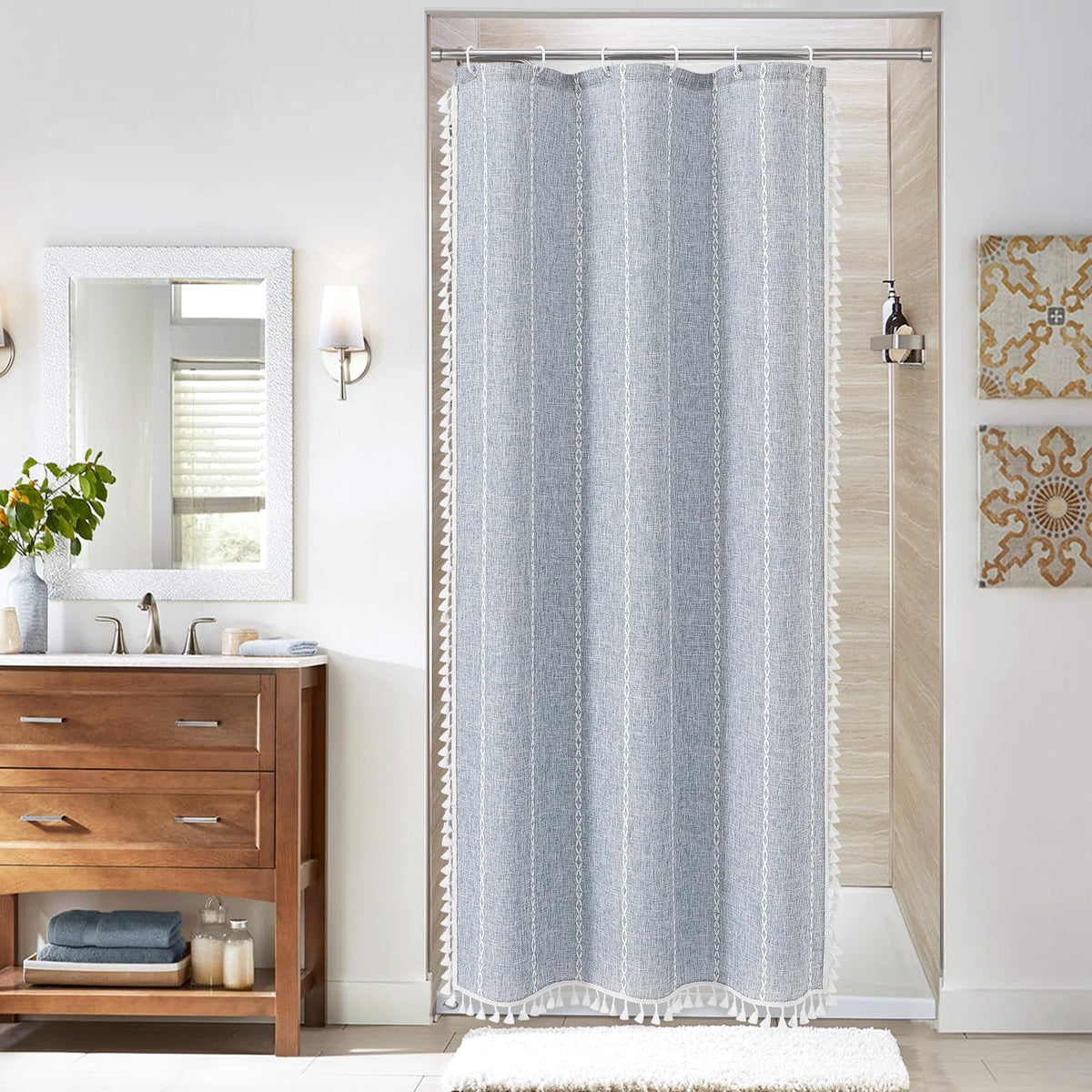 Boho Farmhouse Tassel Linen Shower Curtain,3D Embroidery Stripe Black,72x72