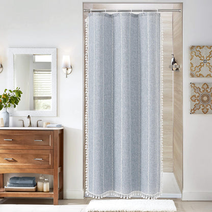 Boho Farmhouse Tassel Linen Shower Curtain,3D Embroidery Stripe Black,72x72