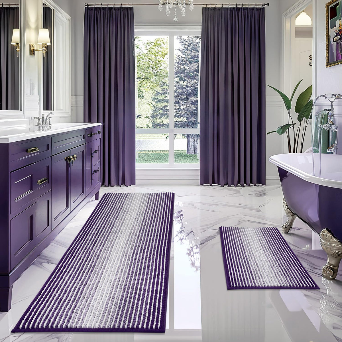 BSICPRO Bathroom Rugs Sets 2 Piece, Non Slip Striped Bath Mats, Fog Blue