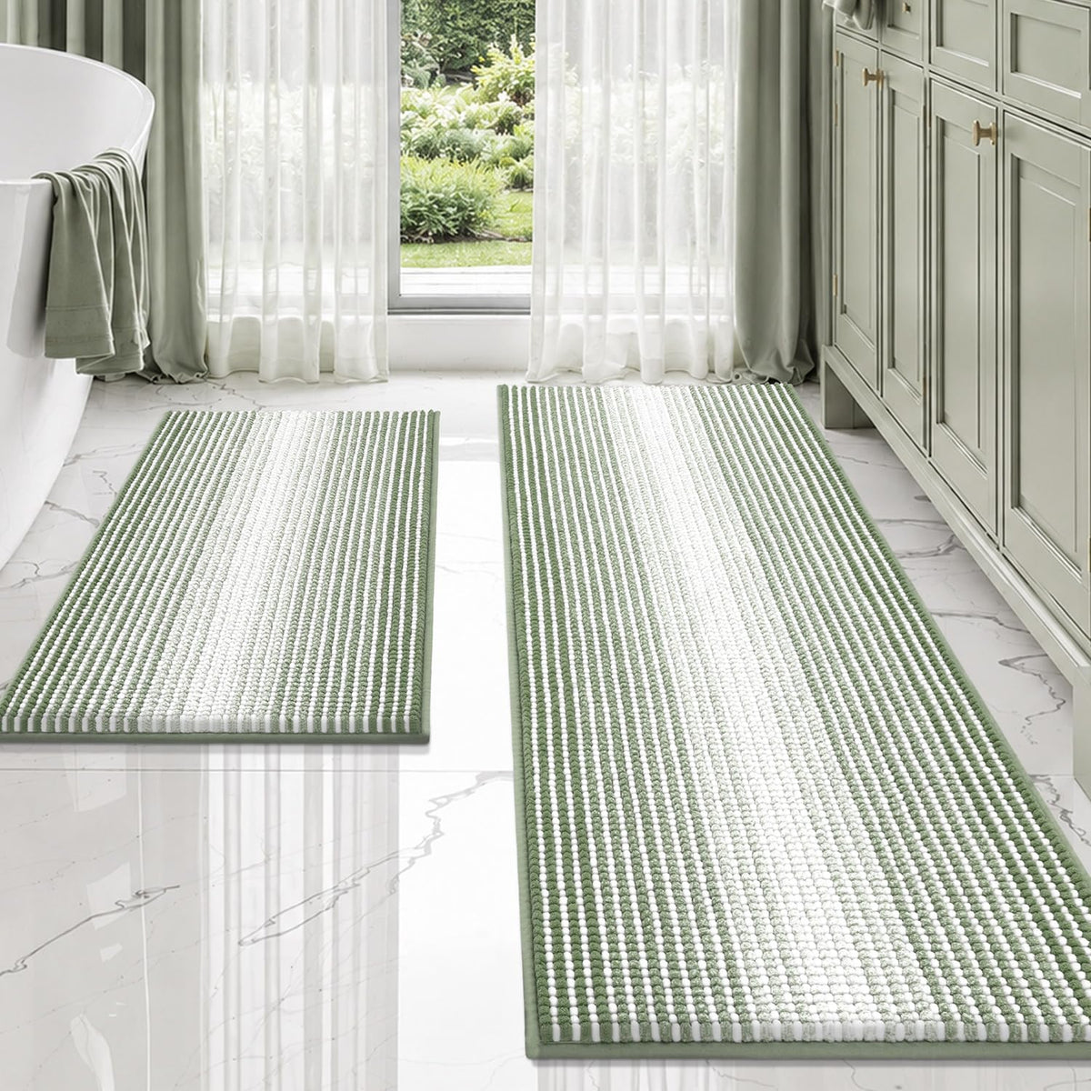 BSICPRO Bathroom Rugs Sets 2 Piece, Non Slip Striped Bath Mats, Fog Blue