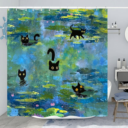 Accnicc Cute Cat Shower Curtain Funny Fun Cool Cats Monet Shower Curtains for Bathroom Water Lilies Waterproof Fabric Bath Curtain Decor 72 X 72 Inch