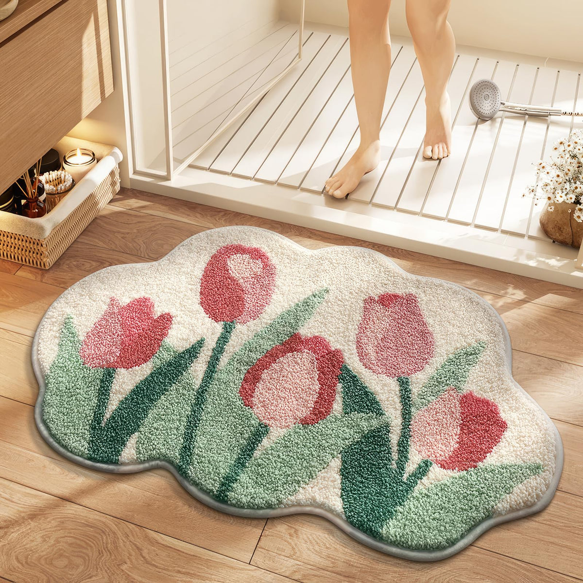 Cloud-Shaped Lily Bath Mat, Soft Non-Slip Fluffy Fresh Flowers Bathroom Rug, Ultra Absorbent Microfiber Shaggy Door Mat, Machine Washable Bath Rug Carpet for Bathtub Bedroom 20x31 Inch (White)
