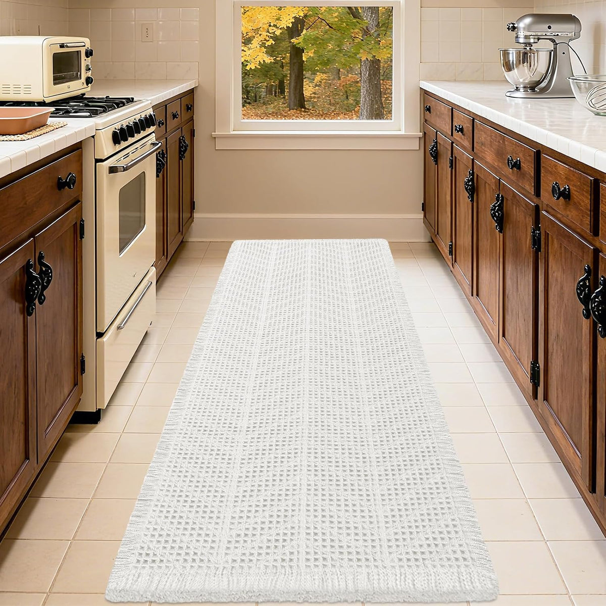 Upgrade Waffle Bath Mat Set 2 Piece, Boho Bathroom Rugs Absorbent Non Slip, Ultra Soft Bathroom Mat, Machine Washable Knit Bath Rugs with Herringbones for Bathroom, Bedroom, Kitchen, Shower, White