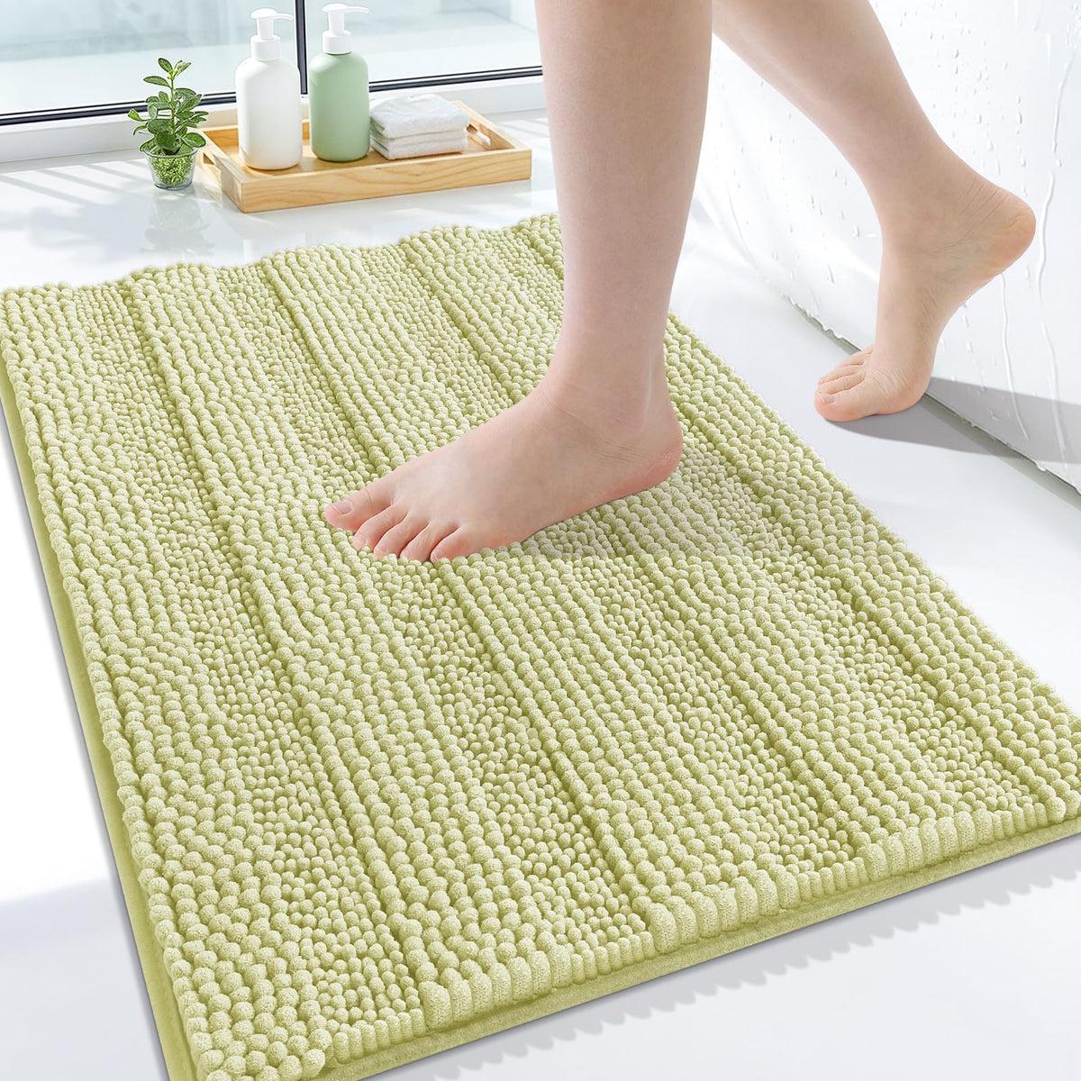 Grandaily Chenille Striped Bathroom Rugs 36x24, Extra Thick and Absorbent Bath Mats, Non-Slip Soft Plush Shaggy Shower Carpet, Machine Wash Dry, Bath Rug for Bathroom, (Large, Light Grey)