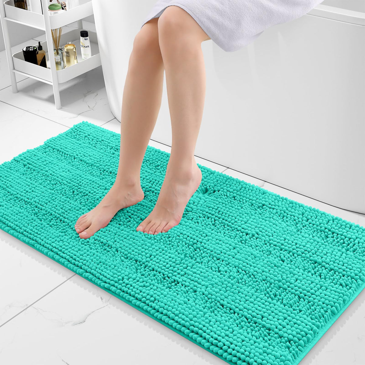 Grandaily Chenille Striped Bathroom Rugs 36x24, Extra Thick and Absorbent Bath Mats, Non-Slip Soft Plush Shaggy Shower Carpet, Machine Wash Dry, Bath Rug for Bathroom, (Large, Light Grey)