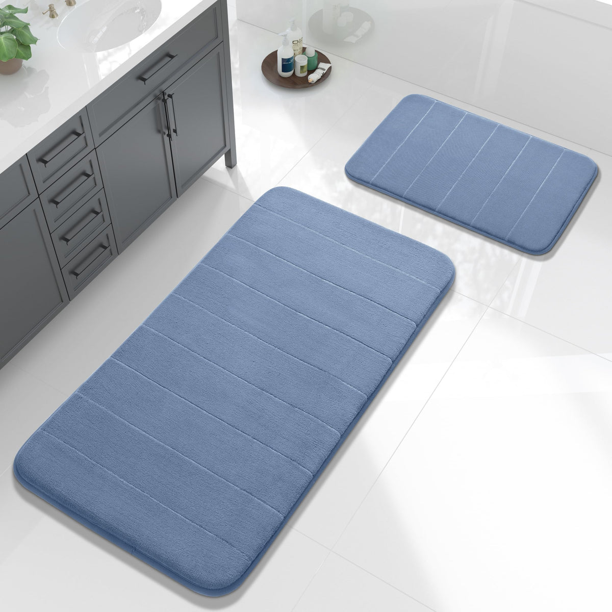 Yimobra Memory Foam Bathroom Rugs Sets 2 Piece - Super Soft Absorbent Quick Dry Bath Mat Set, Machine Washable Non Slip Floor Carpet for Tub Shower & Single Sink (17x24 & 31.5x20 Inch, Black)