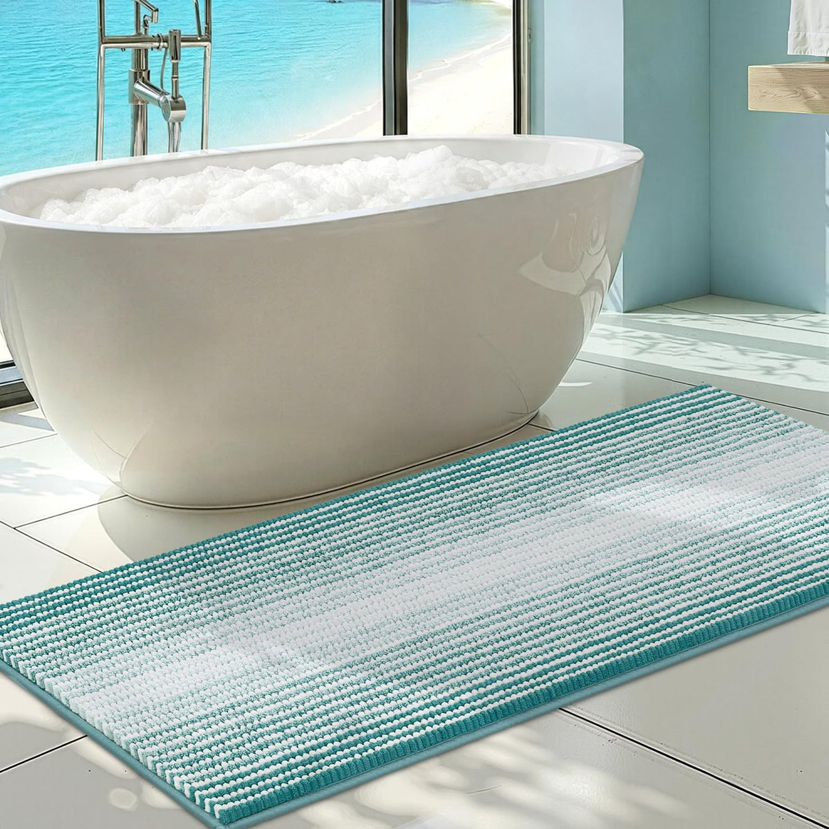 BSICPRO Bathroom Rugs Sets 2 Piece, Non Slip Striped Bath Mats, Fog Blue