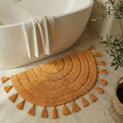Beautiful Boho Rug with Tassels - Soft Half Circle Cotton Bathroom Mat