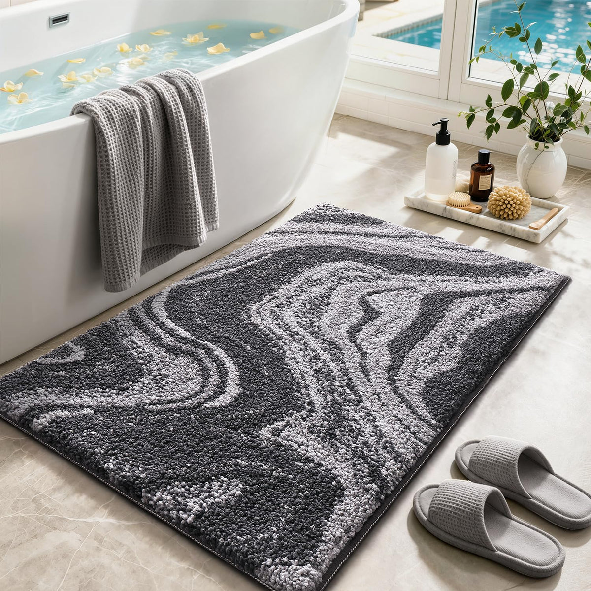 Color&Geometry Marble Bath Mat, 24"x36",Khaki Wave Bathroom Rug